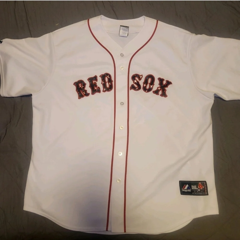 Majestic MLB Men Boston Red Sox White Jersey Size 2XL Vintage Stars 4th‎ Of July